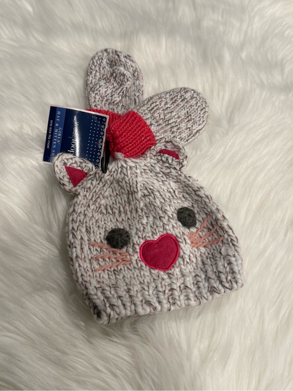 west loop Cream and Pink Cat Beanie with Heart Patch